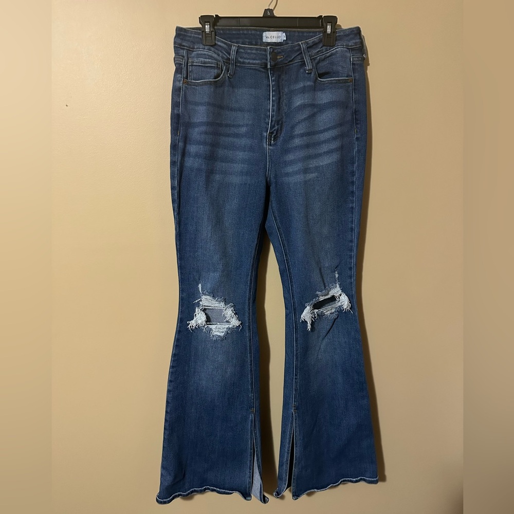 Ms Cello Dark Distressed Flare Jeans. Dakota distinctive slit at the inner leg